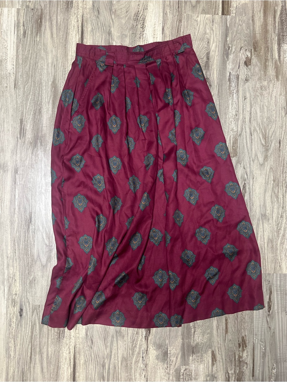 VTG Lands' End Burgundy Medallion Rayon Maxi Skirt 26" Waist Boho 90s